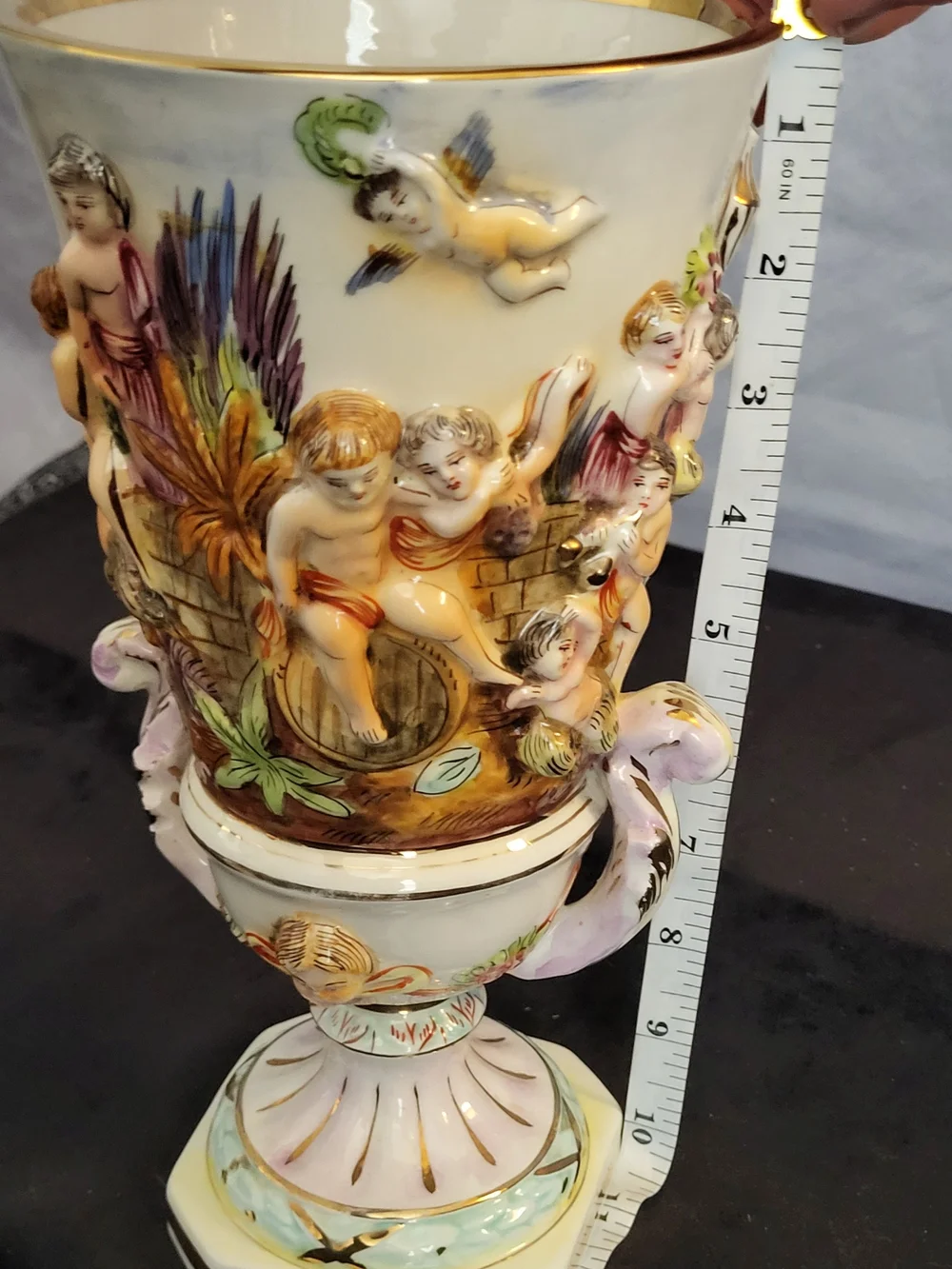 Numbered Ornate White and Gold Porcelain Urn Vase with Multicolor Relief